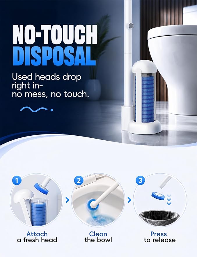 Toilet Brush Kit, Disposable Toilet Bowl Cleaner Brush with Blue Replacement Heads, Press-Button Wand and Self-Closing Freestanding Holder (Toilet Brush + 63 Refills)