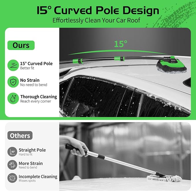 HIPPIH 15° Curved Car Wash Brush with Long Handle, 2 Scratch-Free Mop Heads | 43" Microfiber Car Cleaning Brush with Extension Pole, Exterior Car Wash Supply Kit for Roof RV Truck Camper SUV Caravan Boat