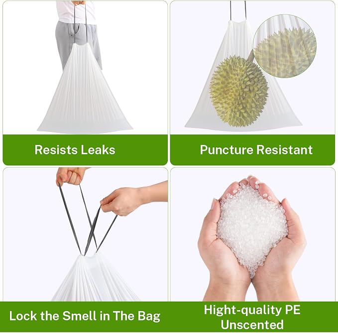 10 Gallon Trash Bags Drawstring, 1 Mil Thick White 75 Count | Garbage Bag for Office Kitchen