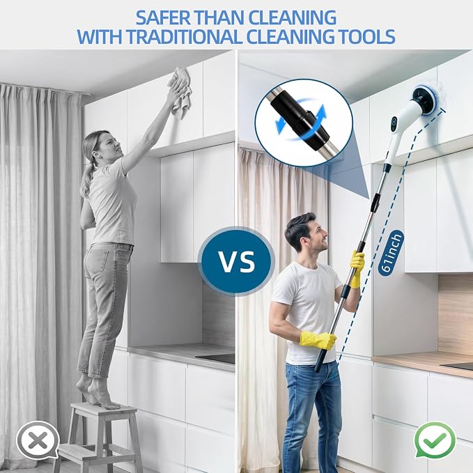 Electric Spin Scrubber Upgraded Cordless Power Cleaning Brush | IPX7 Waterproof, 3 Speed, 180-Minute Battery Life, with 8 Replaceable Heads and Adjustable Extension Handle and LED Display