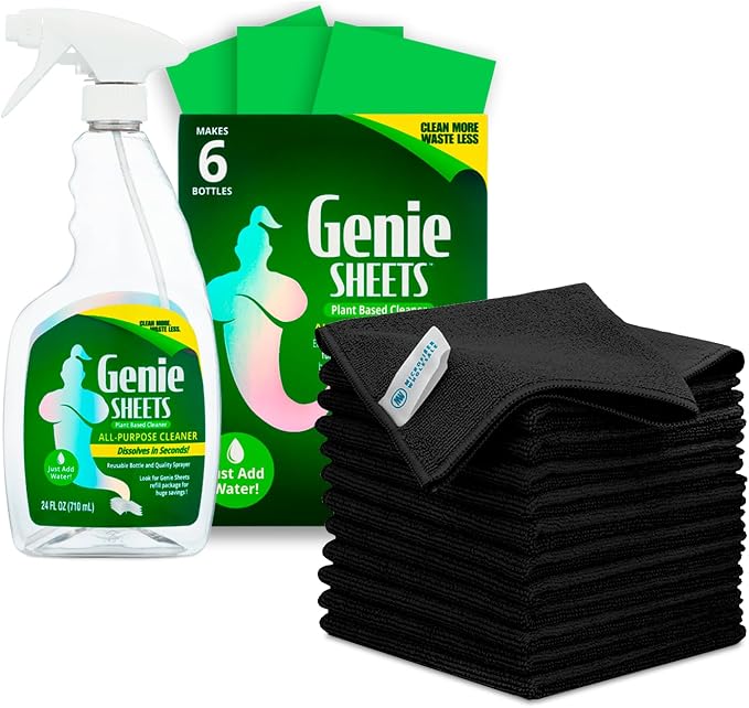 Microfiber Towels and Genie Sheets Concentrate All-Purpose Cleaner & Spray Bottle | Premium Multi-Surface All Purpose Cleaning Cloths | Deep Clean, Polish, Dust | Black 12pk
