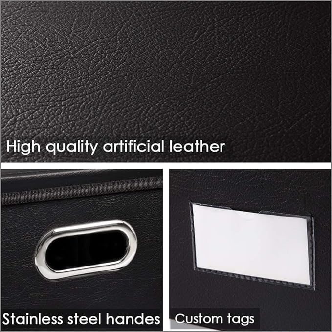 Large Collapsible Storage Bin with Lid [1-Pack] Leather Fabric Foldable Storage Box Organizer Containes Basket Cube with Cover for Home Bedroom Closet Office Nursery Black (17.7x11.8x11.8)