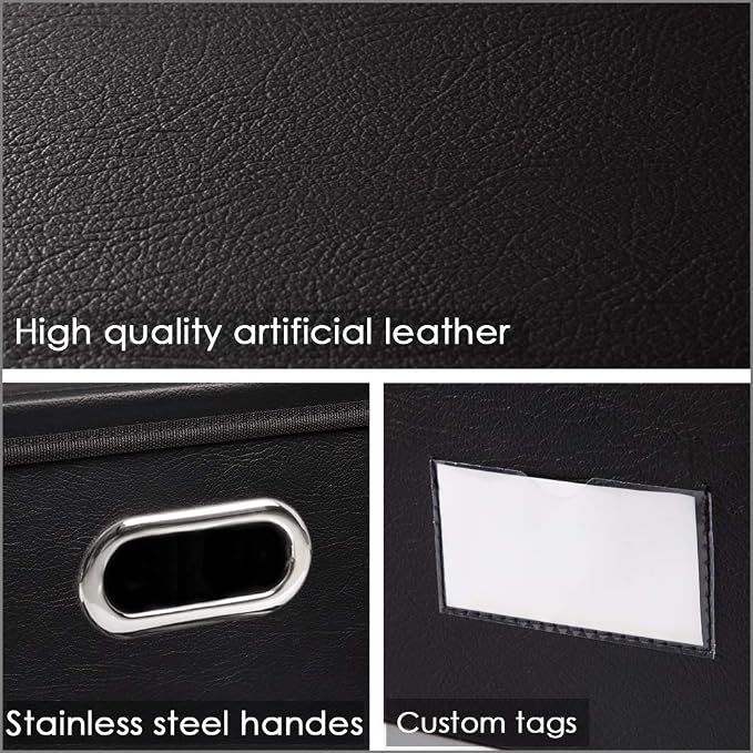 Collapsible Storage Bins with Lids [3-Pack] Leather Fabric Foldable Storage Boxes Organizer Containers Baskets Cube with Cover for Bedroom Closet Office Nursery Black (14.9x10.8x10)