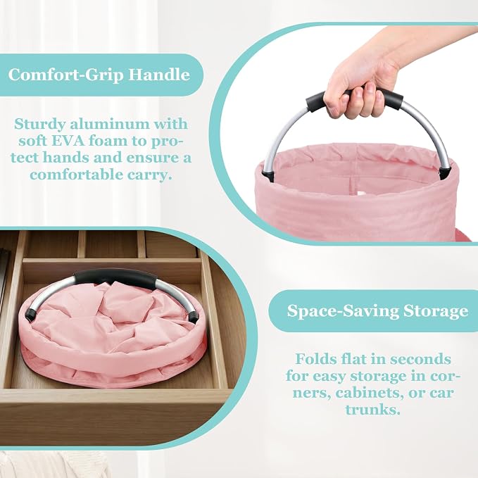 WOOHA 17L Cleaning Caddy with Handle, Foldable Cleaning Supply Organizer with 6 Pockets, Portable Shower Caddy, Storage Basket for Housekeeping, Car Detailing, Garden, Pink