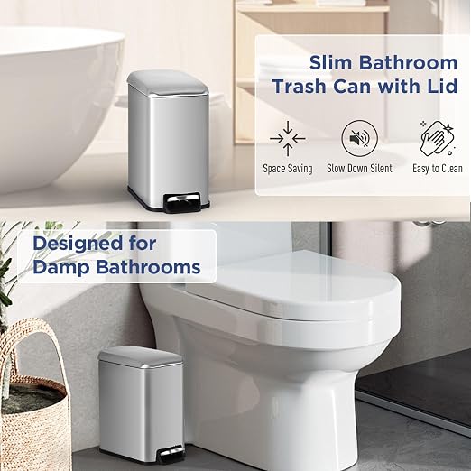 1.3 Gallon Kitchen Trash Can, Stainless Steel, Removable Plastic Inner Bucket, Foot Pedal, for Bathroom,(2 Set)