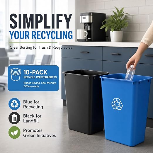 10 Pack, Recycle Wastebasket, 41 Qt./10 Gallon Rectangular Wastebasket / Trash Can Kit - Space Saving Recycling Bin, Narrow Spaces in Commercial, Kitchen, Home, Office, and Dorm - Black and Blue