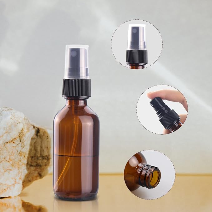 2 oz Mini Glass Spray Bottles, Empty Small Spray Bottles with Funnel Dropper, Fine Mist for Hair, Travel, Plants, Cleaning Solutions and Skin Care (4 Pack Amber)