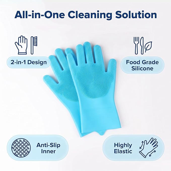 Silicone Dish Washing Gloves with Scrubber, High-Density Teeth For Scrub | Dog & Cat Grooming Mitts, Non-Slip, Safe For Dishes & Pets, Food-Grade, Easy Rinse & Hang, 12.2" × 6.3 - Blue