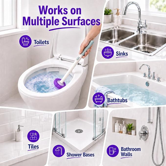 Disposable Toilet Bowl Cleaner Wand with Holder Set, Wall-Mounted | Hands Free Toilet Scrubber Wand, Bathroom Cleaning Supplies, 1 Wand and Holder with 24 Purple Refills, Light Lavender Scent