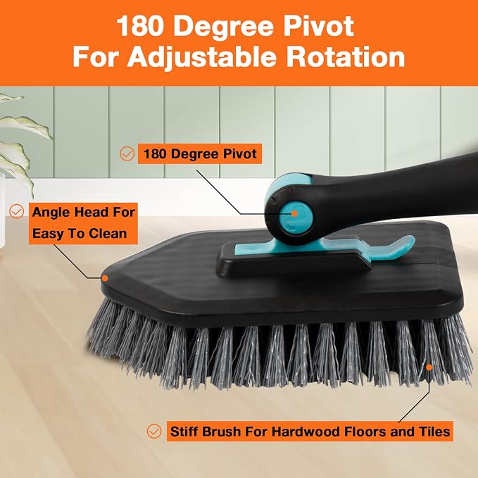 3 in 1 Scrub Cleaning Brush with Long Handle 51'' - Shower Bathtub (Black) | Tub & Tile Scrubber Brush of 1 Stiff Brush Head & 3 Scouring Pads & 3 Microfiber Clothes, for Wall Bathroom Glass Bathtub
