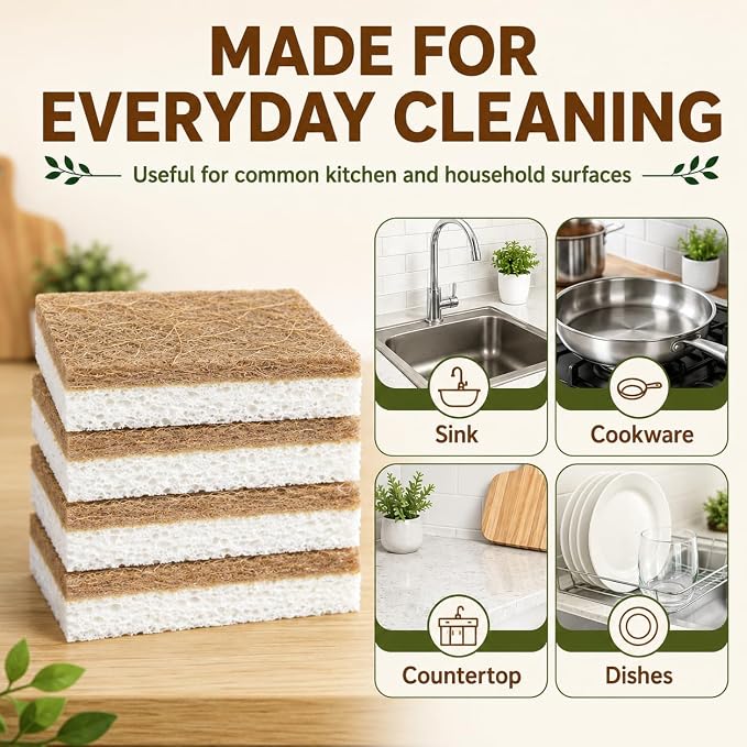 Plant-Based Kitchen Sponges, 5 Count, Cellulose Dish Sponges with Coconut Fiber Scrubber, Dual-Sided Cleaning Sponges for Dishes, Pots, Pans, Kitchen, Bathroom and Household