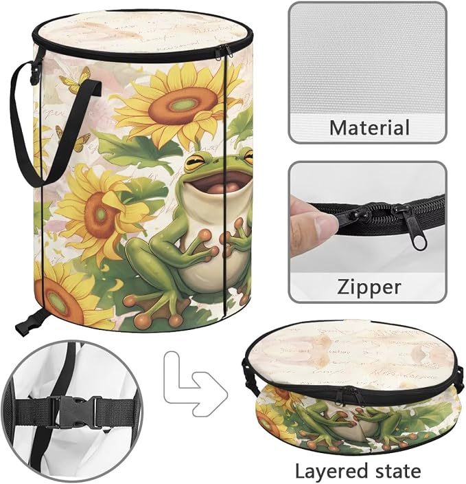 Sunflower Frog 24 Gallon Collapsible Garbage Can for Camping Car Waterproof Outdoor Trash Bin with Lid Foldable Portable Pop-Up Yard Waste Leaf Bag for Campsites Garden