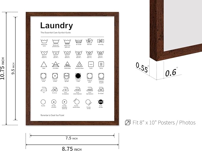 Poster Master 2-Piece Essential Guide for Laundry Print - Stain Removal Poster - Infographic Art - Black & White Design - Symbols & Instructions Art - Laundry Room Decor - 8x10 Brown Framed