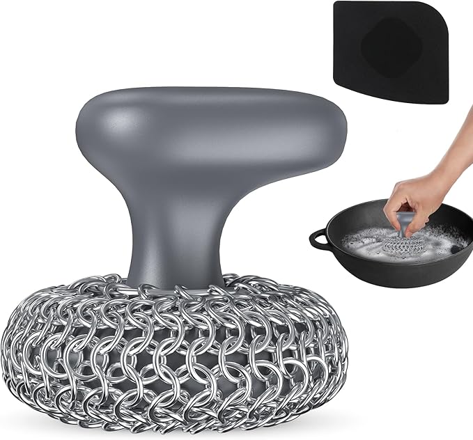 Cast Iron Scrubber Dish Scrub Brush 316 Chainmail Scrubber for Cast Iron | Dish Scouring Pad, Dishwasher Safe, Chain Mail Scrubber Cast Iron, Cleaning Kit, for Pan Skillet, Grey