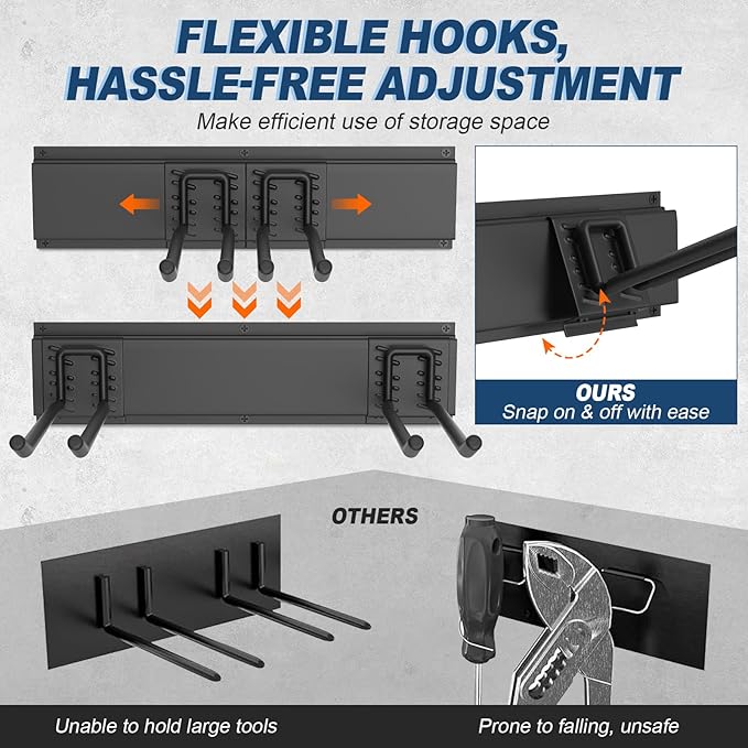 Housolution Garage Wall Organizer 96 Inch - 20Pack Carries 720 lbs | Garage Tool Storage System, 6 Rails with 12 Adjustable Metal Hooks, Garden Yard Shed Rack for Rake Broom Mop Snowboard