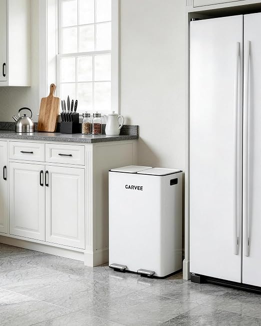 Garvee 16 Gal Dual Compartment Stainless Steel Trash Can with Inner Buckets | White Step Pedal Trash Can, Heavy Duty Recycling Bin with Lid & Step Pedal, for Kitchen, Office, Home, Commercial Use
