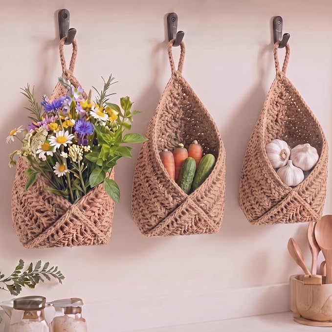 3 Hanging Baskets,Linen,Triangle,Jute | Wicker Wall Baskets with Hooks for Fruit Vegetable Onion Storage, Teardrop Organizer for Kitchen, Boho Farmhouse Decor