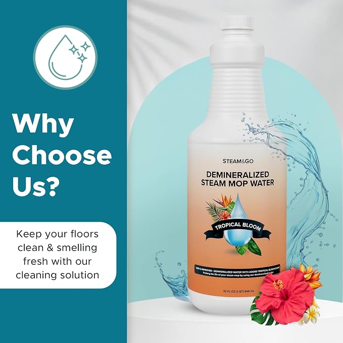 Steam & Go Demineralized Water for Steam Mop – Tropical Bloom Scent, 32 oz (Pack of 18)| Scented Floor Cleaner Solution, Ready-to-Use, Compatible with Any Steam Cleaner