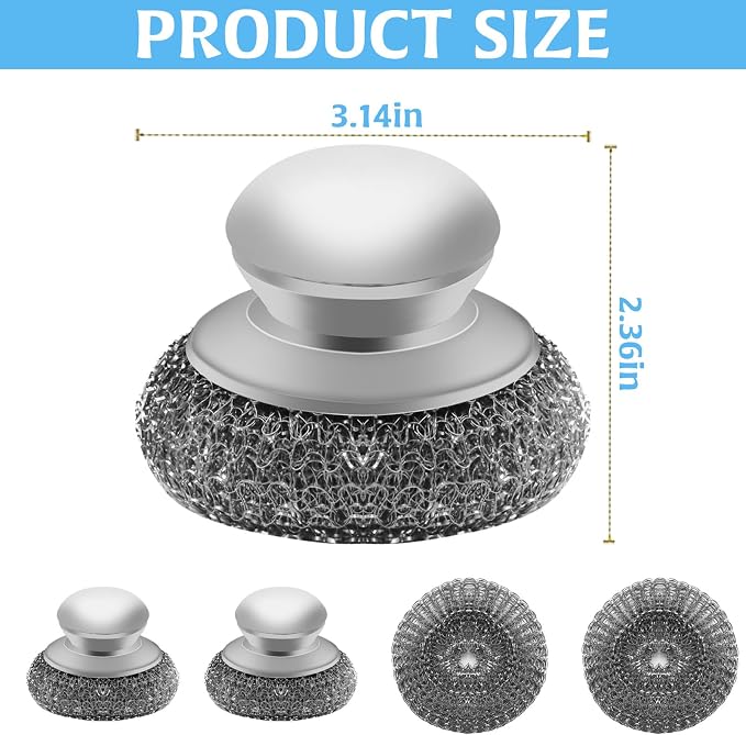 Stainless Steel Wool Scrubber with 2 Replacement Pads - Clean Metal Pans, Pots, Grills & More