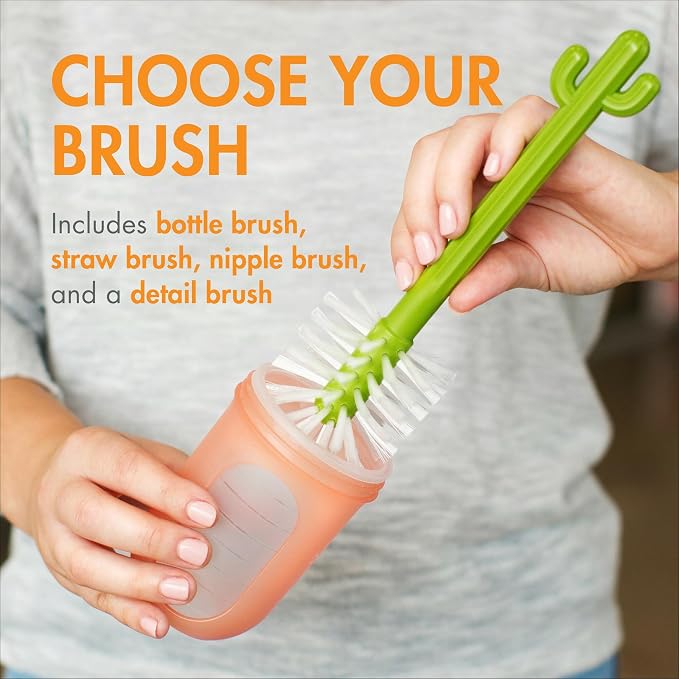 Boon Cacti Bottle Cleaning Brush Set - Includes Bottle Brush, Nipple Brush, Detail Brush, and Straw Brush - Baby Bottle Brush Set for Bottle Drying Rack - Baby Essentials - 4 Count | 4-Piece Set, Bottle Brush, Straw Brush, Nipple Brush, Detail Brush, D...