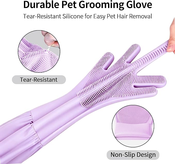 Long Sleeve Dog & Cat Washing Gloves, Pet Bathing Grooming Tool (Purple)