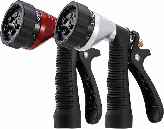 Water Hose Nozzle 2-Pack, Zinc Alloy Garden Spray Nozzle with Adjustable Spray Patterns, Leakproof Rustproof Trigger Lock for Outdoor Cleaning & Car Wash, Silver & Red