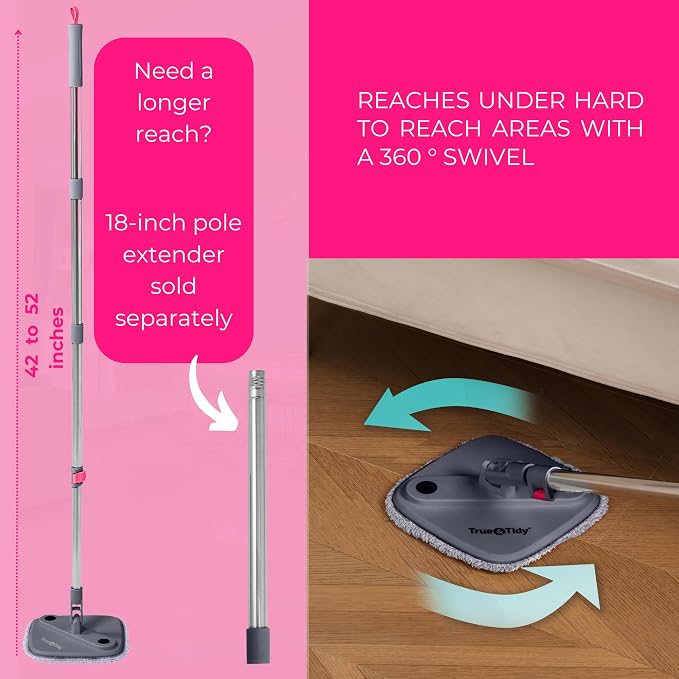True & Tidy True Clean Spin Mop & Bucket System – Dual Compartment Design for Clean & Dirty Water, 360° Swivel Mop Head, Built-in Scrubbing Brush, Stainless Steel Handle & 2 Reusable Microfiber Pads