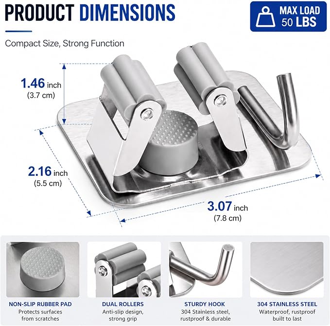 2 Pack Stainless Steel Broom Holder Wall Mount, Heavy Duty Mop Holder No Drill Adhesive, Tool Organizer with Hooks for Kitchen Bathroom Garage Garden (2, Silver)