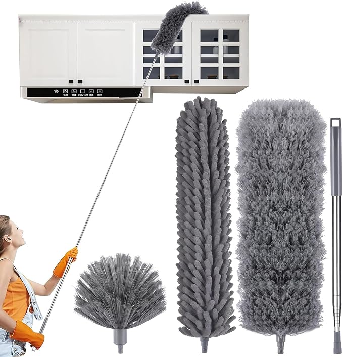 4 Pcs Microfiber Cobweb Duster with 100-inch Extendable Pole, Washable and Reusable Feather Cleaning Duster Kit with 3 Duster Heads,Dusters for Cleaning with Telescopic Pole for High Ceiling Fan