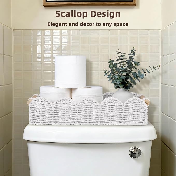 CubesLand Bathroom Basket Organizer, Toilet Tank Basket W/Cut Out Handle | Wicker Toilet Paper Storage Basket Tray, Scalloped Basket for Bathroom Countertop Decorative Also for Home Decor, White