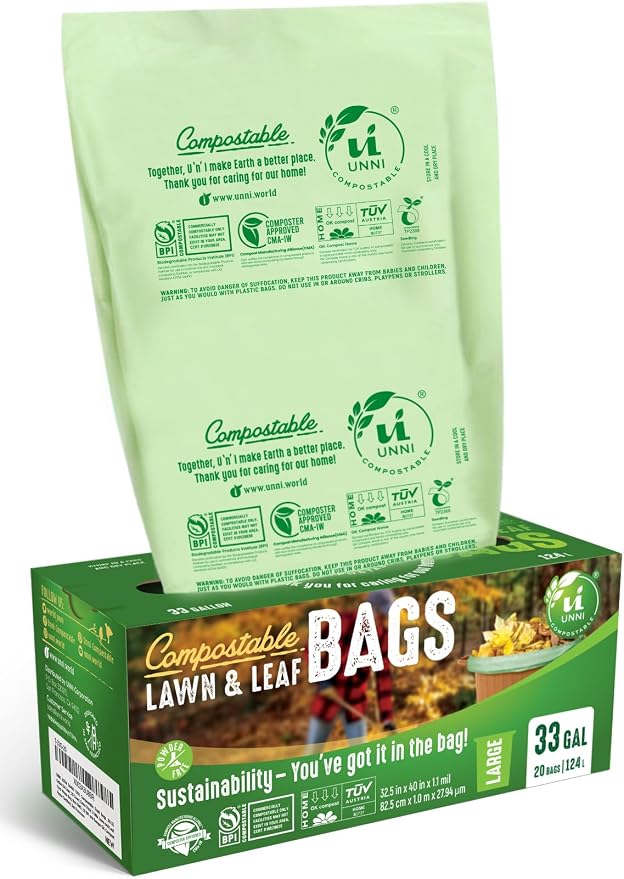 UNNI 30-33 Gallon Compostable Bags, 40 Count, 124 L, Extra Thick 1.1 Mil | Large Compost Bags for Lawn, Leaf & Yard Waste & Kitchen Organics, 2 Packs of 30, Certified by BPI, CMA & OK compost HOME