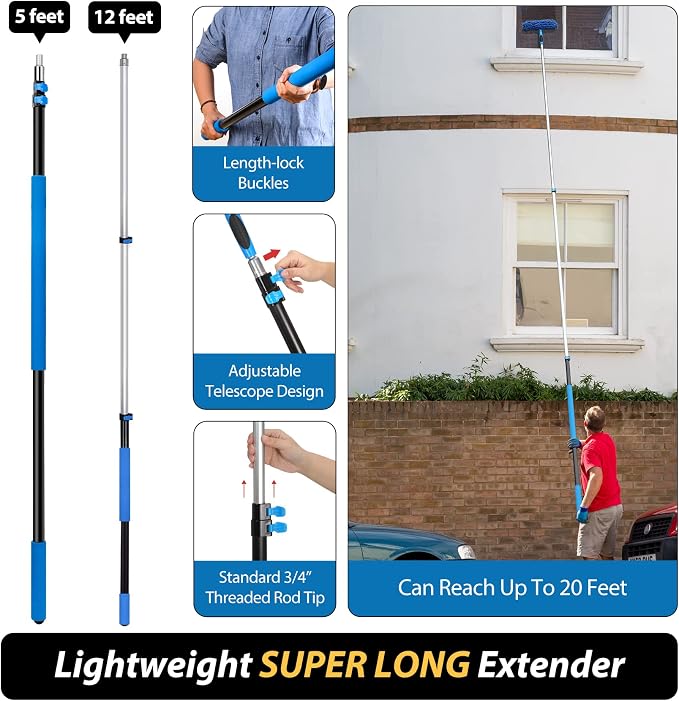 20 Feet High Reach Duster Kit with 5-12 Ft Extension Pole, Cobweb Duster with Telescoping Pole, Window Squeegee with Scrubber, Spider Web Brush, High Ceiling Fan Duster for High Window, Interior Roof