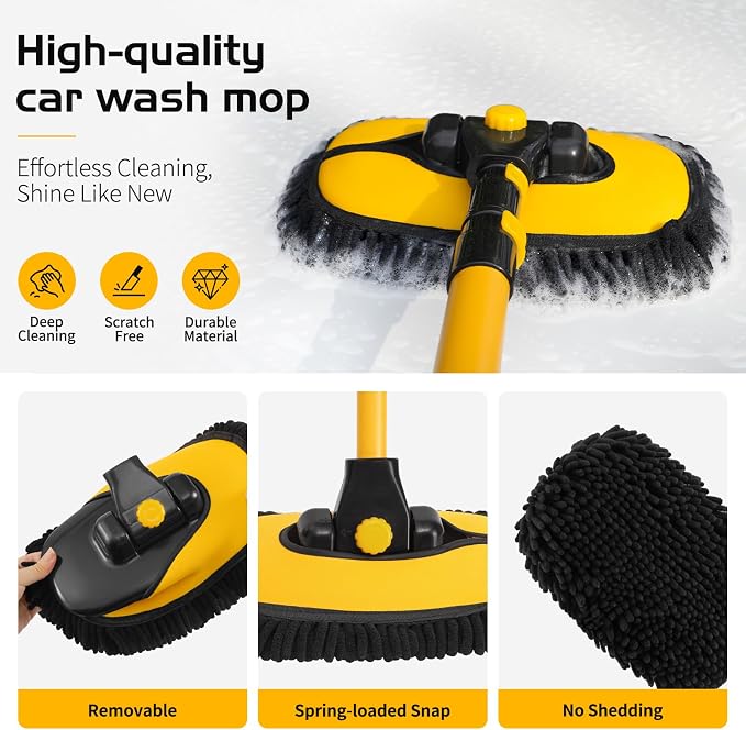 HIPPIH 15° Curved Car Wash Brush with Long Handle, 2 Scratch-Free Mop Heads | 43" Microfiber Car Cleaning Brush with Extension Pole, Exterior Car Wash Supply Kit for Roof RV Truck Camper SUV Caravan Boat