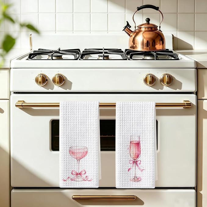 2 Pcs Pink Bow Champagne Kitchen Towels, Coquette Pink Reusable Dish Towels | Waffle Weave Hand Cloth Tea Towel for Kitchen Bathroom Home Decor, Alcohol Lover Gifts for Women Mom Friend 24x14 Inch