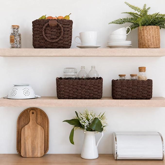 Paper Rope Storage Baskets Set of 3, Handwoven Decorative Wicker Organizer Bins with Handles for Shelves, Bathroom, Closet & Pantry, Soft Woven Nesting Storage Basket Set (Dark Brown)
