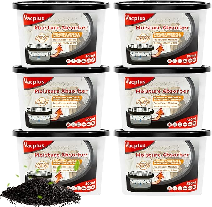 Vacplus Moisture Absorber, 10.5 OZ, Strong Absorption, Charcoal | Closet, Bathroom, Car, Odor Eliminator, Dehumidifier Bucket, 6 Pack