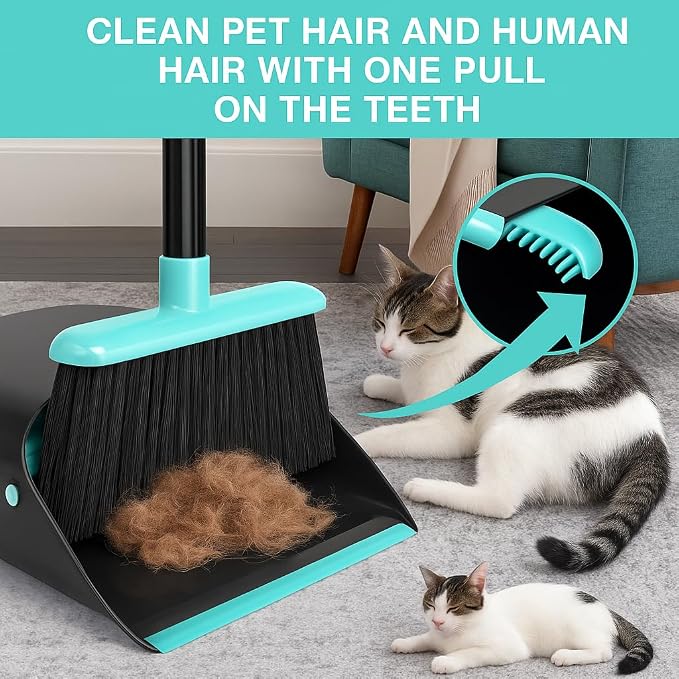 Upgrade Broom and Dustpan Combo Set, Extendable 52" Long Handle Broom for Easy Sweeping, Self-Cleaning Dust pan Teeth for Pet Hair, Perfect for Home, Kitchen, and Office