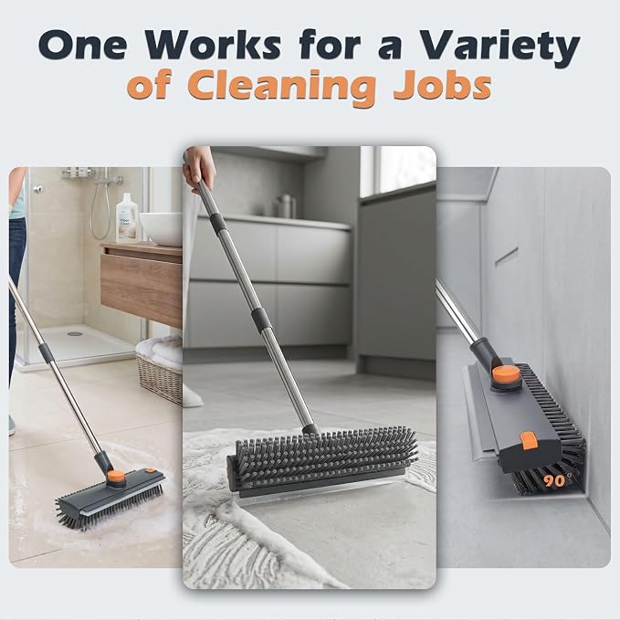 Masthome 3 in 1 Floor Scrub Brush with Long Handle 53.7" | Adjustable Heavy Duty Stiff Bristle Scrubber with Squeegee & Tweezer, 360° Rotating Head for Bathroom, Garage, Deck, Floors