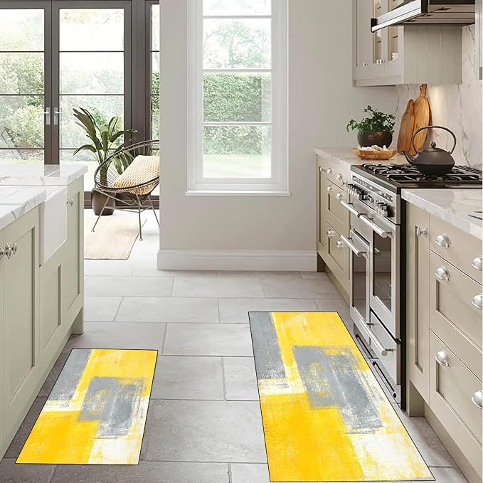 TOMWISH Yellow Grey Kitchen Rugs Sets 3PCS Washable | Kitchen Sink Area Absorbent Runner Rugs Front of Dining Room Home Office Laundry 20"X32"+20"X48"+20"X59"