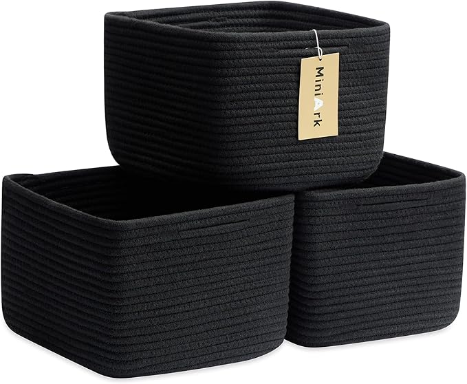 MiniArk Small Organizing Baskets for Cubes Shelf, 9.7x9.7x7.1 Inch Rope Woven Storage Bins for Nursery Shelves Storage, Cute Toy Basket, Square 3 Packs Black