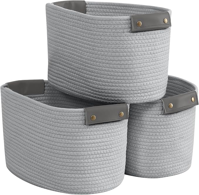 3 Pack Woven Cotton Rope Storage Basket, 15x10x9, Gray | Faux Leather Handles; Decorative Closet Shelf Organizer; Ideal for Storage & Organization