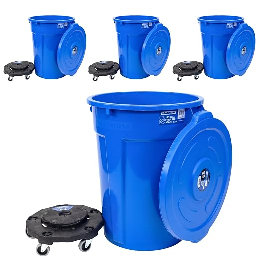 Magnum Blue 55 Gallon Trash Can Set (Trash Can, Quiet Dolly, and Reinforced Lid), Construction Grade, Jobsite Ready for Handling and Rolling Garbage CMTC-CLD0-55B04 (4 Set)