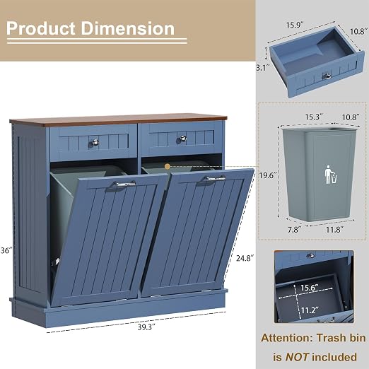 LOUVIXA Tilt Out Trash Can Cabinet with Double Hidden Trash Bin Holder, Kitchen Free Standing Recycling Cabinet,Dog Proof Trash Can,Wood, Blue