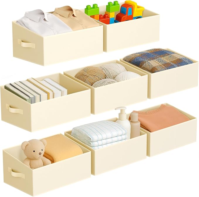 DIMJ Large Closet Storage Bins 8 Pack - Fabric Trapezoid Closet Organizer Bin, Foldable Storage Baskets for Shelves, Closet Shelf Organizer, Clothing Storage Box for Toys, Books, Towel, Clothes, Beige