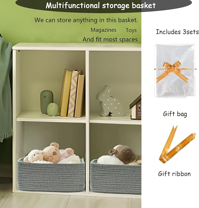 COMFY-HOMI 13" x 8.5" x 5.1" Storage Baskets for Organizing | Cotton Rope Woven Basket | Toy Storage Bin Box | Basket for Shelves, Closet Organizer Bin, Decorative Closet Shelf, 3 Pack