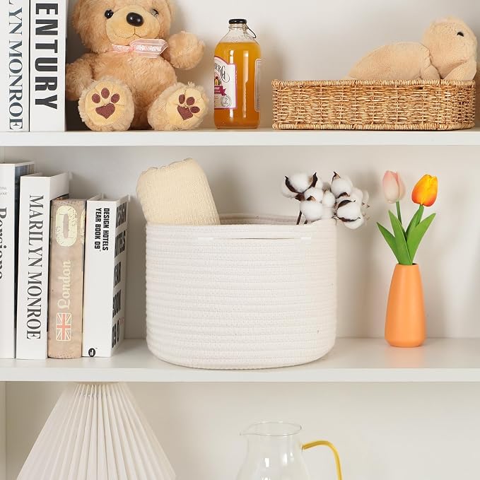 MiniArk Small Basket for Organizing | Cube Shelf Closet Storage Baskets | 9.7×9.7×7.1” | Woven Rope Gift Basket | Nursery | Round 3 Packs Off White