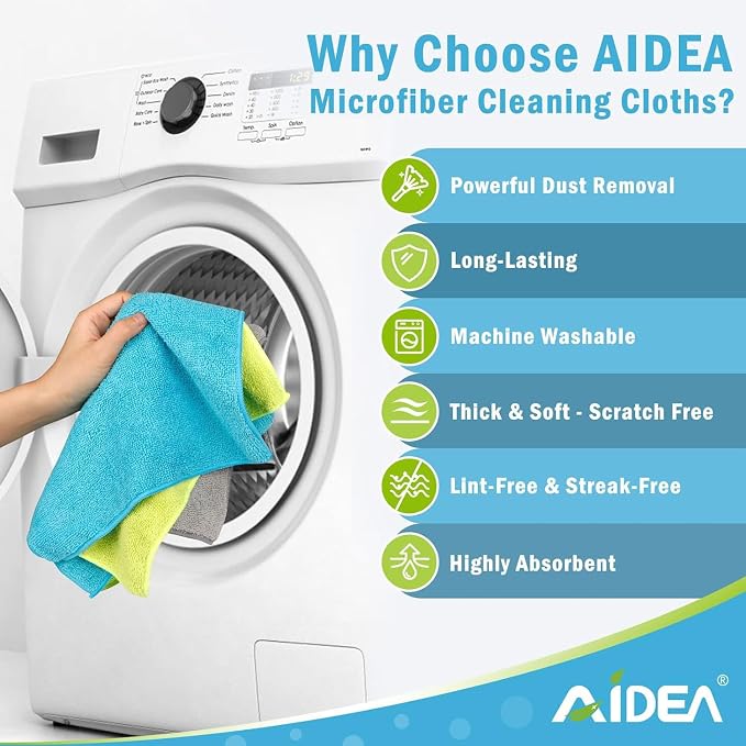 AIDEA Microfiber Cleaning Cloth-12PK, Microfiber Towels for Cars 12"x12" | Absorbent Cleaning Rags, Reusable Microfiber Towels Lint-Free, Dish Rags Streak-Free for Home /Kitchen /Window (Multicolor)