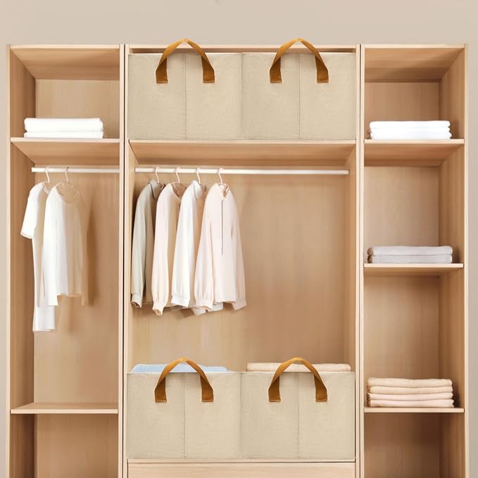 SNWDN 6 Pack Closet Cloth Storage Bins with Handles（ Beige 16.5''L x 11.8''W x 9.8''H）