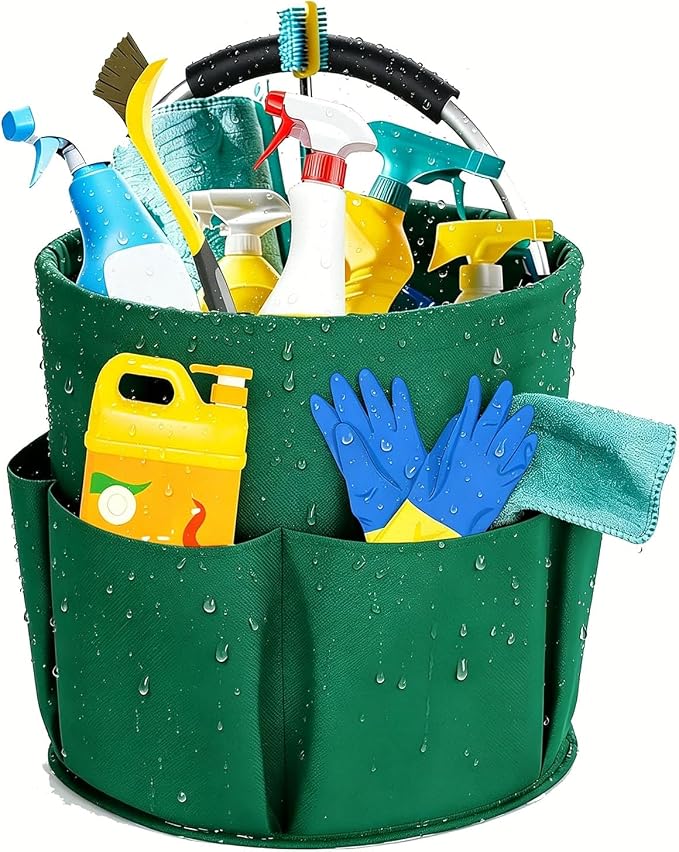 17L Waterproof Cleaning Supply Caddy 600D Foldable Storage Basket Green | Oxford Fabric Garden Tool Organizer Bag+6 Pockets Multifunctional Organiser Mop Bucket for Bathroom, Garden,Camping& Fishing