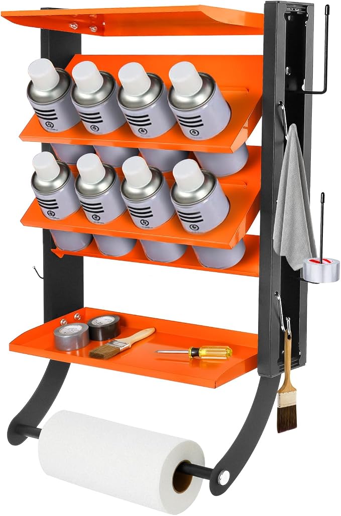 Sidasu Spray Can Holder, 2-Tier Spray Paint Organizer With Paper Towel Rod | 8-Can Capacity, Wall-Mounted, Heavy Duty, Powder-Coated Finish, Storage Rack For Garages and Workshops